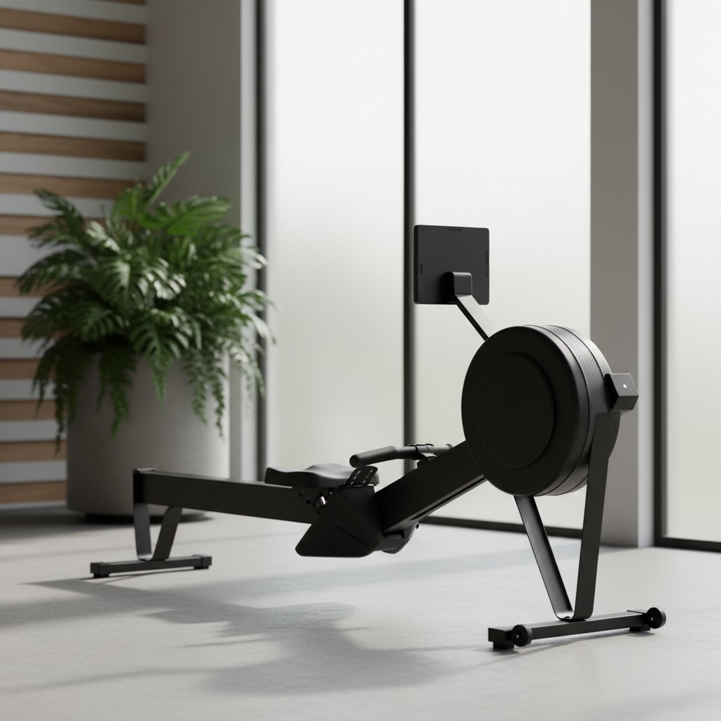 The image depicts a sleek black rowing machine situated in a modern home gym. The machine features a sturdy black frame, a...