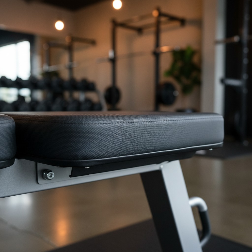 A photograph of the padded black seat of a gym bench. The bench is in sharp focus, whereas the background is blurry. * Gym...